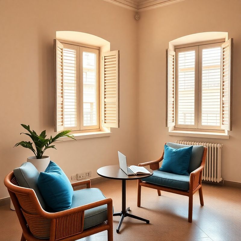 Interno dello studio di Studio Romano a Parma con luce mediterranea e accenti azzurri