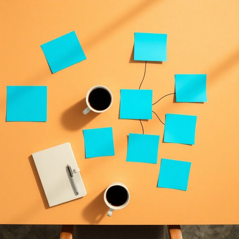 Tavolo di lavoro con post-it azzurri disposti come roadmap strategica